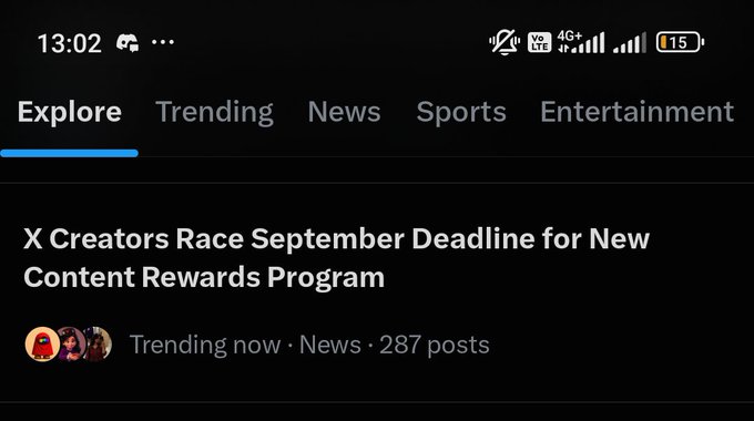 A screenshot of X's Explore tab displays a trending headline "X Creators Race September Deadline for New Content Rewards Program" with 287 posts. The post's reference to "aku" trending on 𝕏 appears unrelated, as the visible content focuses on X's creator monetization program rather than any discussion of "aku."