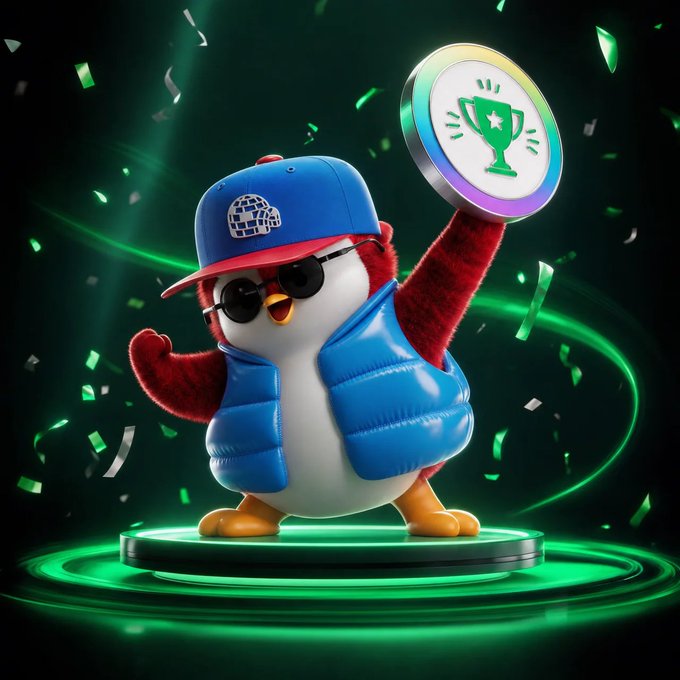 A stylized red and white penguin mascot wearing a blue cap, sunglasses, and puffer vest triumphantly holds up a circular "All-Star" badge featuring a green trophy icon, standing on a glowing green platform amid celebratory confetti—illustrating the newly announced AbstractChain All-Star achievement.