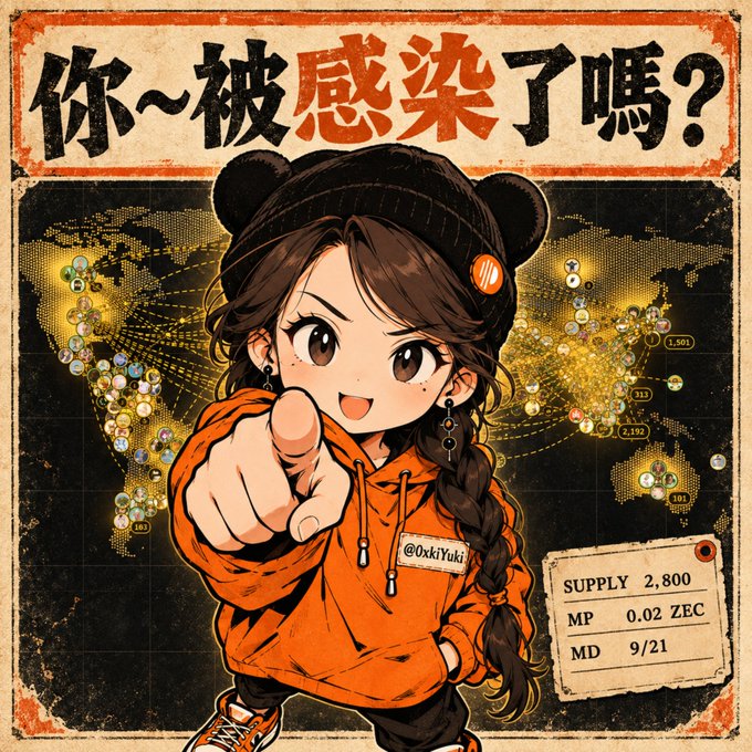 An anime-style illustration depicts a girl in an orange hoodie and black hat pointing forward, with Chinese text "你~被感染了嗎?" and a label reading "@0xkiYuki", alongside statistics like "MP 0.02 ZEC" and "MD 9/21".