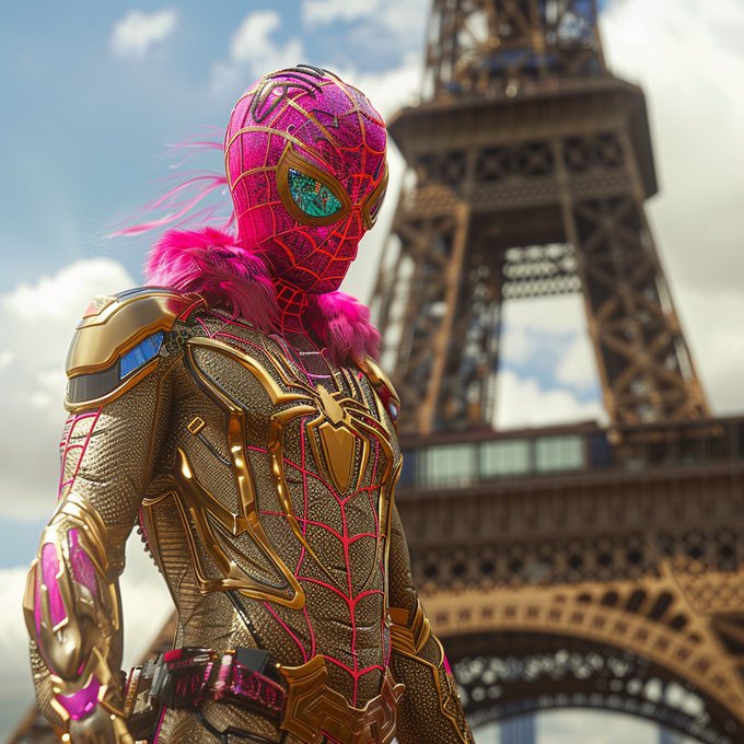 A costumed superhero character with a pink and gold web-patterned mask and armor stands with the Eiffel Tower in the background.