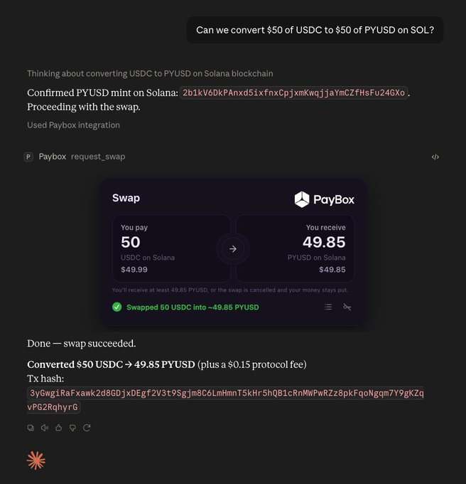This image displays a successful cryptocurrency swap on PayBox, where 50 USDC was converted to 49.85 PYUSD on the Solana blockchain, with a transaction hash provided. The accompanying post further elaborates on this conversion, mentioning the parties involved, PayPal and Circle, and noting the ease with which the swap was completed.