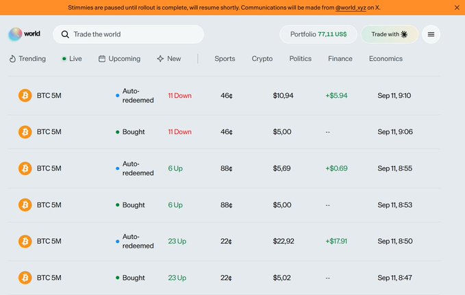 The image shows a user's activity history on the World prediction market platform, displaying six entries of "BTC 5M" predictions (5-minute Bitcoin price movements) — some marked "Bought" and others "Auto-redeemed" — with varying outcomes ranging from gains of +$17.91 to losses, alongside a pending stimulus message at the top. This relates to the post as the user is showing their early trading activity on World while awaiting their payout ("stimmy"), presumably from the visible profitable trades that still need to be released.