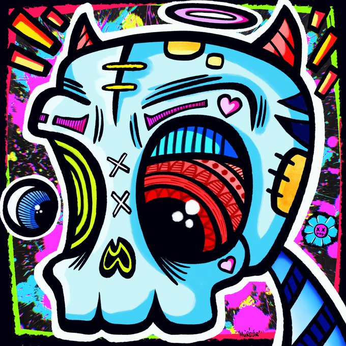 Vibrant pop-art style illustration of a stylized blue cat or monster character with a wide open mouth showing teeth, surrounded by bright pink and neon accents with bold black outlines.