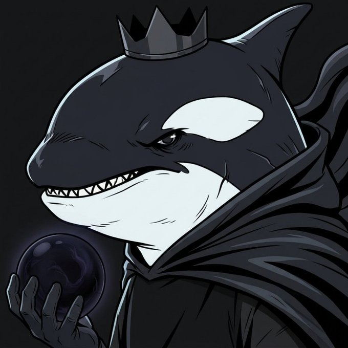 The image features a black and white illustration of a whale, wearing a cape or hood with a crown on its head. The whale appears to be holding a ball in one hand while wearing a robe or cape that covers most of its body. The background is dark, which contrasts with the whale's appearance and makes it stand out more prominently.

The image also includes text that reads "Supply 1111 Coming on @ethereum Drop evm wallets below". This suggests that there might be an upcoming release or promotion related to a specific product or service in the Ethereum ecosystem, possibly involving digital assets like coins or tokens.