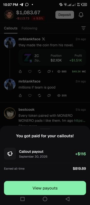 A mobile screenshot showing a crypto app with a balance of $1,083.67, displaying callout posts and a notification stating 'You got paid for your callouts!' with a $116 payout.