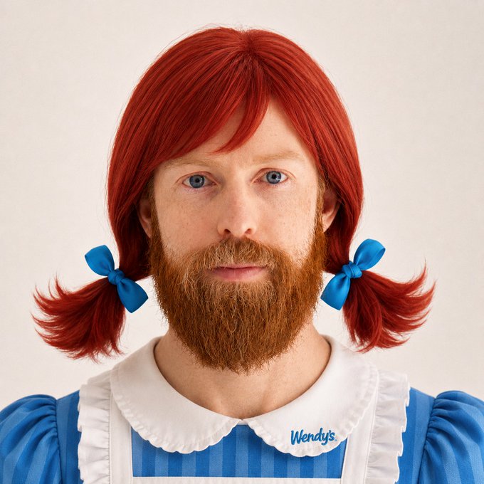A Wendy's promotional image featuring a man with red pigtails tied with blue bows wearing a blue and white Wendy's uniform with a white collar.