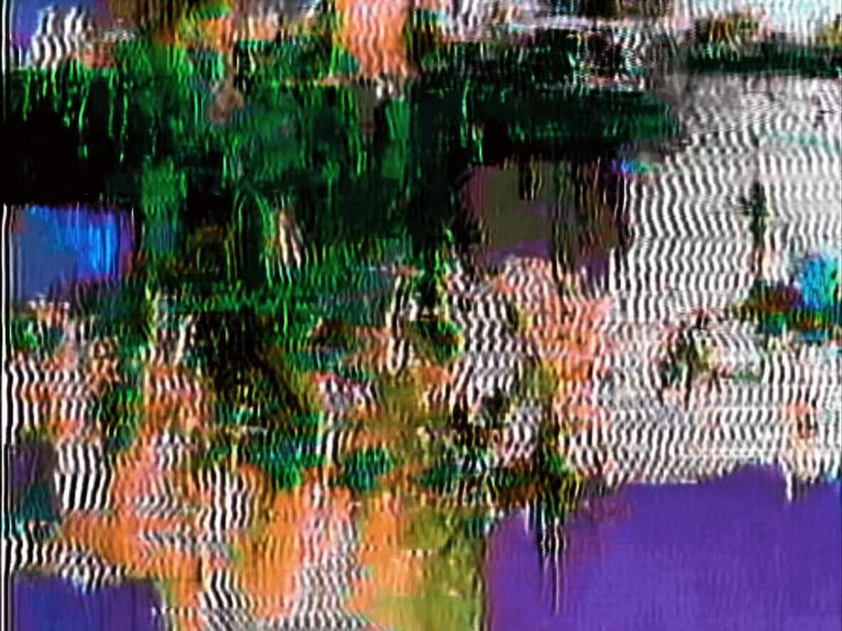 The image features a painting with an abstract style, predominantly green and orange colors. The artwork appears to be distorted or blurry due to a fuzzy quality, giving it a dreamy or surreal appearance. The painting is displayed against a purple background, which contrasts with the vibrant colors of the artwork. The post includes text that reads "GM ₲Ɽł₥₵Ɇ" and "@objktcom".
