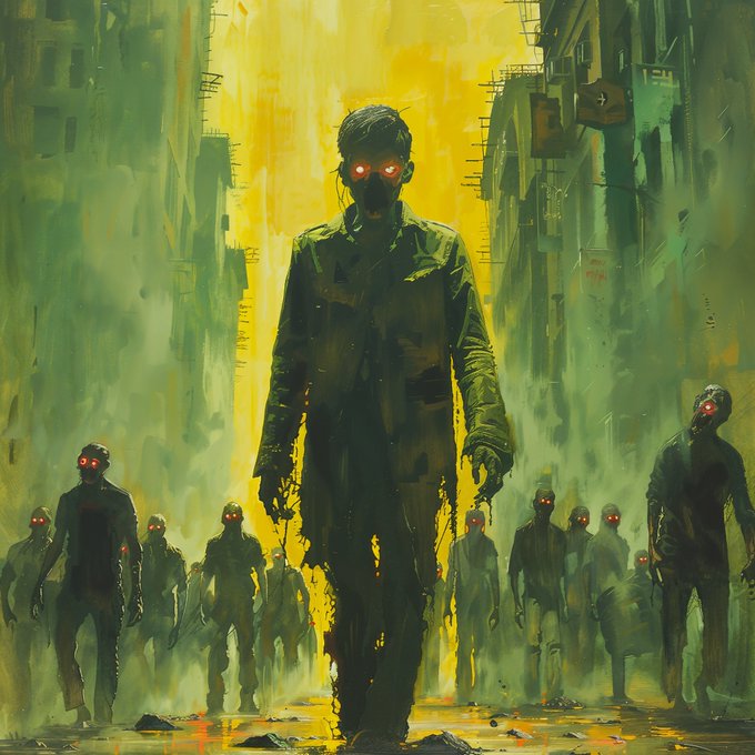A digital artwork featuring menacing figures with glowing red eyes walking through a decaying urban street
