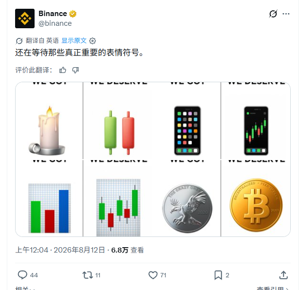 A Binance tweet from August 12, 2026, shows a grid of emojis under the text "We get it, we deserve it," with the Chinese translation note "还在等待那些真正重要的表情符号" (Still waiting for those truly important emojis), highlighting the absence of a cryptocurrency-specific emoji.

The accompanying post references $TCO (contract address 0xff08974fc8dd83b432f2db0d39b142e29a797777), suggesting the user is commenting on Binance's meme while drawing attention to this specific token, likely using the post to promote or discuss $TCO in the context of Binance's emoji-themed content.