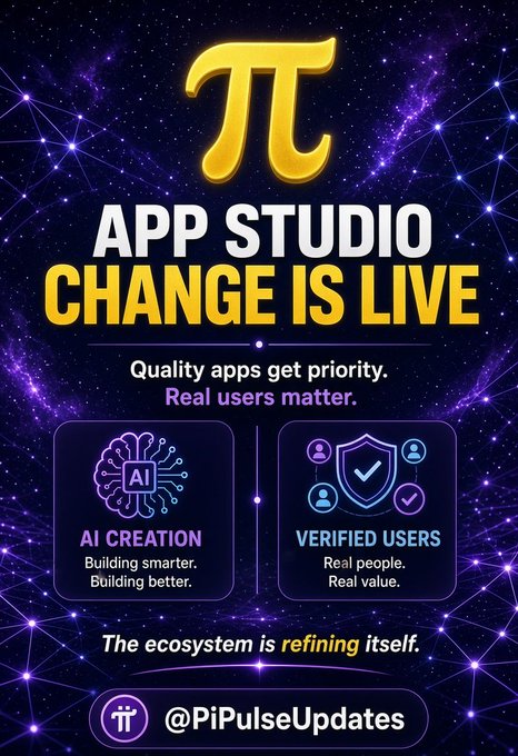A promotional graphic announces "π APP STUDIO CHANGE IS LIVE" against a cosmic purple background, highlighting "AI CREATION: Building smarter. Building better." and "VERIFIED USERS: Real people. Real value." with the tagline "The ecosystem is refining itself" and handle "@PiPulseUpdates," visually reinforcing the post's message that the new App Studio pricing rewards real utility and verified users over mere app quantity, marking a more mature Pi Network ecosystem.