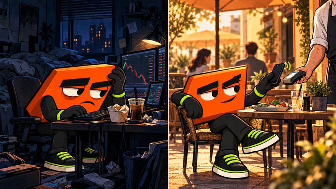 A side-by-side illustration of an orange box character with arms and legs wearing green-striped shoes, depicted on the left in a messy bedroom staring at trading charts and on the right relaxing at a cafe receiving a coffee refill.