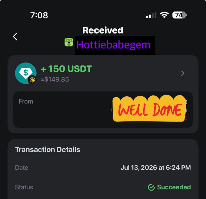 A transaction confirmation screen showing a successful receipt of 150 USDT (≈$149.85) from "Hottiebabegem" on July 13, 2026, accompanied by a yellow highlight sticker reading "WELL DONE." The image illustrates the payment the poster thanked "web3 gigs" for in their weekly plans post.
