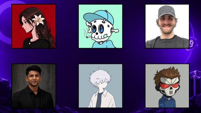 Six profile pictures/avatars displayed in a grid, including illustrated characters and photos of people, set against a purple background.
