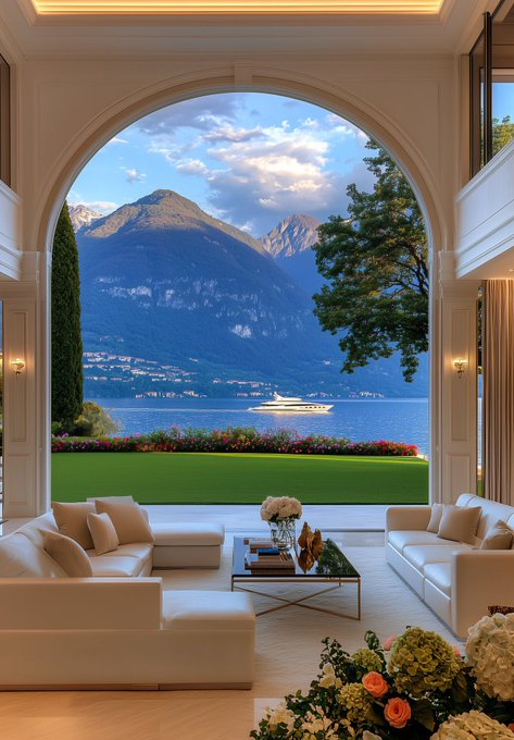 A view from inside a luxurious living room looking out through a large arched window at a yacht on a lake with mountains in the background.