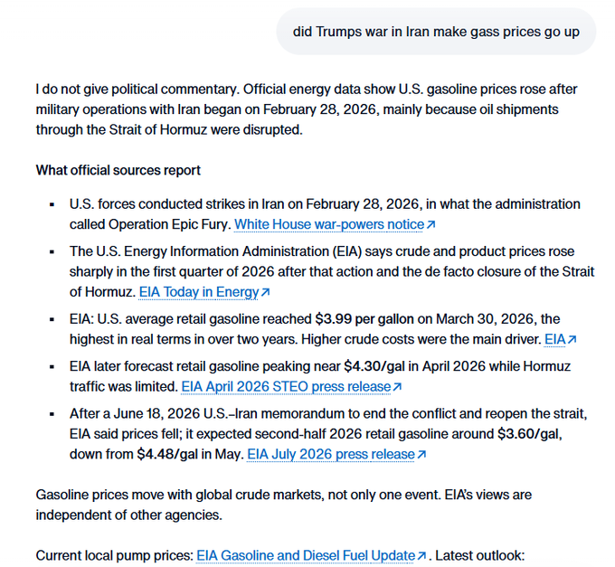 A chatbot response to the question 'did Trumps war in Iran make gass prices go up', stating official energy data shows U.S. gasoline prices rose after military operations with Iran began on February 28, 2026.