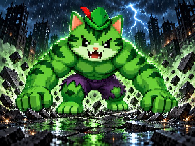 A muscular, pixel-art style green cat character stands amidst rubble in a destroyed, rainy city, glowing with a green aura as lightning flashes in the background.