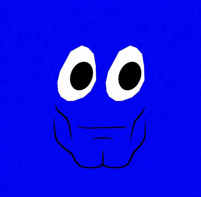 A simple digital drawing depicts a blue alien-like face with large white and black eyes and a subtle smile on a solid blue background.
