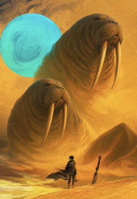The image depicts a lone figure in a cloak standing in a desert landscape, gazing up at two colossal walruses emerging from a stormy sky beside a blue moon, while planting a sword into the sand. It visually echoes the "GM #XRPL GM $walrus fam gm memers" post by featuring majestic walruses as a centerpiece, tying the meme coin $walrus to the dramatic, awe-inspiring imagery.