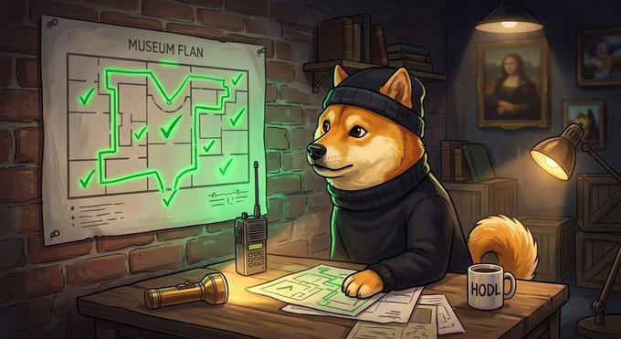 An illustrated image of a Shiba Inu dog wearing a black beanie and turtleneck sitting at a desk with blueprints and a 'MUSEUM PLAN' map marked with green checkmarks, accompanied by a walkie-talkie, flashlight, and a 'HODL' mug.