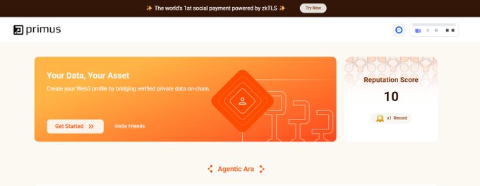 A website header for 'primus' describing itself as 'The world's 1st social payment powered by xATLS,' featuring a 'Your Data, Your Asset' section and a Reputation Score of 10.