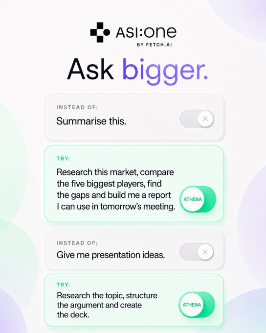 Marketing graphic for 'ASI:one by Fetch.ai' with the headline 'Ask bigger', showing comparison cards between simple prompts and more detailed alternatives using 'ATHENA'.