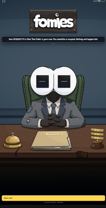 A screenshot from the mobile game 'fomies' shows a cartoon character in a suit with closed eyes at a desk, with text stating: 'Core 39328397/15 is fired. That folder is yours now. The committee is occupied. Nothing will happen fast.'