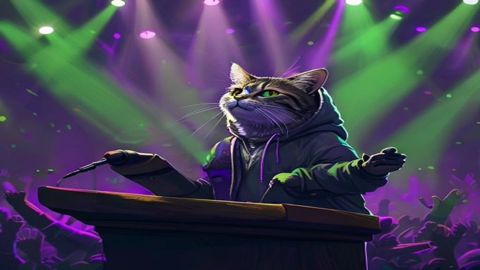 A digital illustration of a cat wearing a hoodie, standing at a podium holding a microphone, performing on a stage lit with green and purple lights in front of a crowd.
