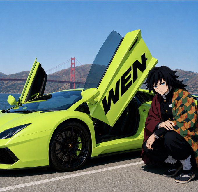 An anime character with dark hair and a patterned haori crouches next to a bright green Lamborghini with scissor doors open, revealing "WEN" on the door, with the Golden Gate Bridge in the background.