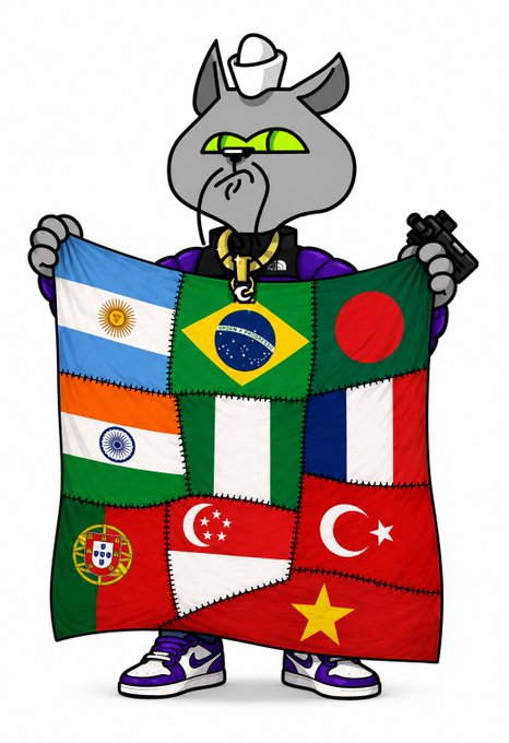 A cartoon illustration of a gray cat character wearing a white cap, gold chain, and The North Face jacket, holding up a quilt of various country flags including Argentina, Brazil, India, France, Turkey, Singapore, and Portugal.