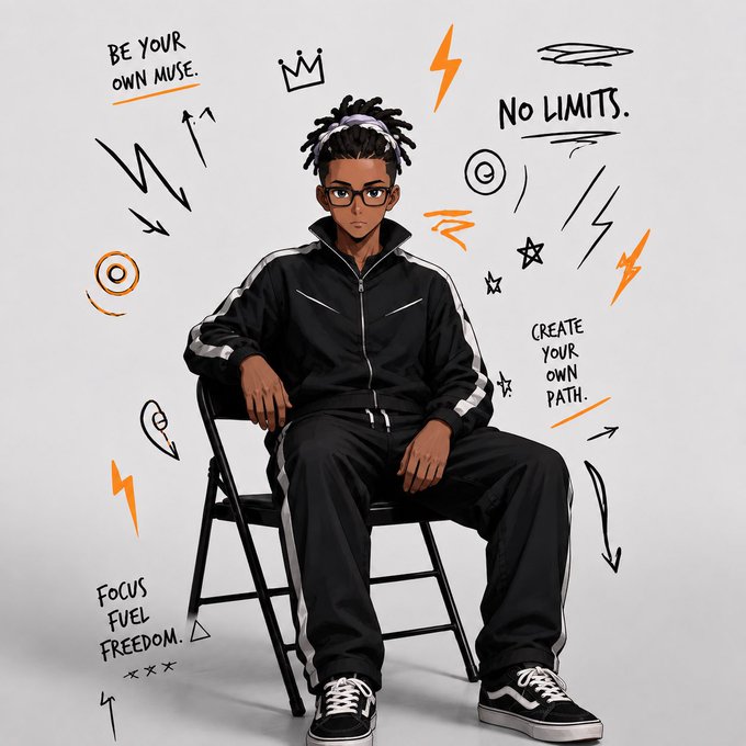 An illustration of a young man with glasses and a black tracksuit sitting on a folding chair, surrounded by motivational doodles and text including 'BE YOUR OWN MUSE,' 'NO LIMITS,' 'CREATE YOUR OWN PATH,' and 'FOCUS FUEL FREEDOM.'