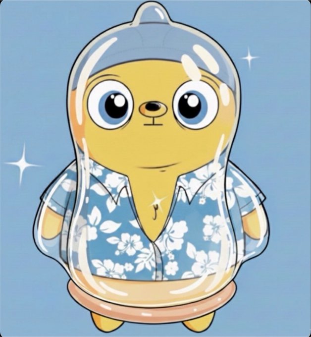 A cartoon illustration of a yellow character wearing a blue and white Hawaiian shirt and a swim cap, encased in a transparent bubble or shell against a sparkly blue background.