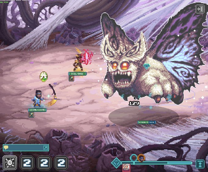A pixel-art battle scene from the Web3 game Runiverse shows two characters (at levels 13 and 12) facing off against a large winged demon boss, with the number 129 displayed as damage dealt. The image visually represents the gameplay experience the post praises, highlighting the Forgotten Runes-themed world that made the game stand out in the Web3 gaming space.