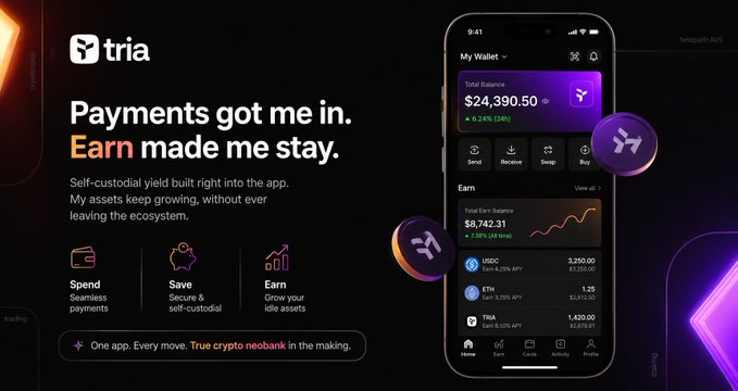 Promotional banner for the Tria app featuring the tagline 'Payments got me in. Earn made me stay.' It highlights features like Spend, Save, and Earn, showcasing a wallet balance of $24,390.50 with crypto assets including MBDC, ETH, and SOL.