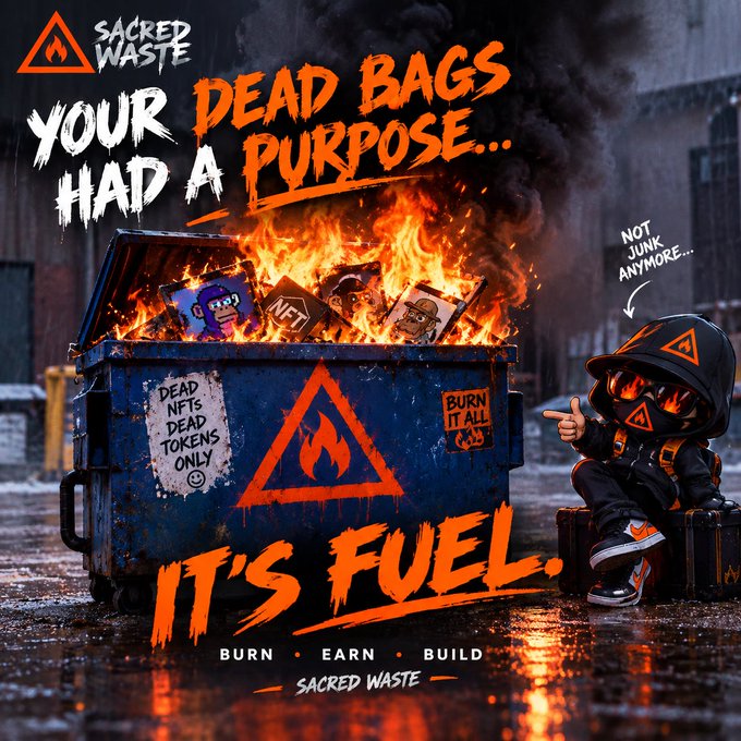 An edgy promotional poster for 'Sacred Waste' featuring a character in a hoodie with glowing red eyes sitting next to a burning dumpster, with text reading 'YOUR DEAD BAGS HAD A PURPOSE... IT'S FUEL. BURN EARN BUILD'.