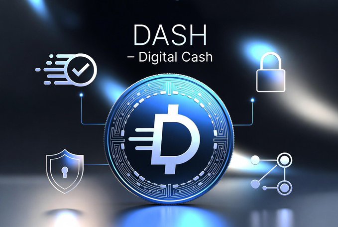 A glowing blue Dash coin is centered against a dark background, surrounded by icons representing speed (checkmark with motion lines), security (shield and padlock), and connectivity, with the text "DASH – Digital Cash" displayed above to reinforce the cryptocurrency's branding as a fast, secure, and practical form of digital money.