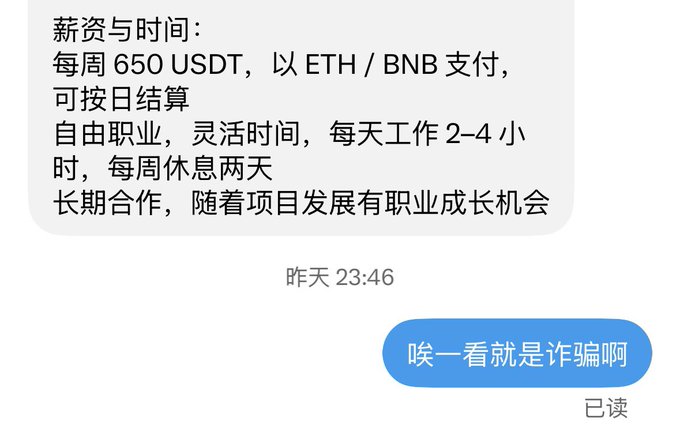 A Chinese chat screenshot shows a job recruitment message offering 650 USDT per week paid in ETH/BNB with flexible hours, followed by a reply reading "唉一看就是诈骗啊" ("Sigh, you can tell at a glance that it's a scam"). The reply directly calls out the message above as an obvious crypto-paying scam recruitment.