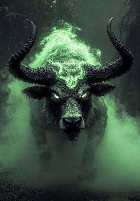 A dark fantasy digital artwork of a menacing bull or minotaur with large curved horns and glowing green eyes, surrounded by green ethereal smoke in a shadowy forest.