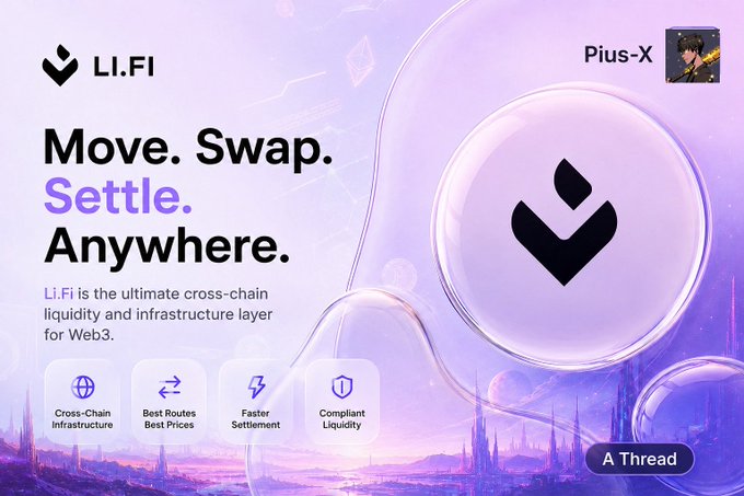 The image shows a purple background with white text that reads "Lifi Pius-X move, swap, settle anywhere." The text also includes several bullet points about the cryptocurrency world, such as the fragmentation of crypto assets and the various chains used for transactions.