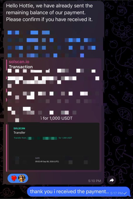 A chat screenshot showing a message claiming a payment of 1,000 USDT was sent, with a Solscan transaction record dated September 8, 2026, followed by the reply "thank you i received the payment.." The image illustrates successful completion of a web3 freelance transaction, aligning with the post celebrating paid work opportunities in the web3 space.