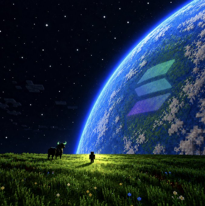 A pixelated figure and bull stand on a grassy field beneath a massive, block-textured planet, with the glowing Solana logo faintly visible in the sky. The Minecraft-style cosmos symbolizes how every journey in the digital frontier converges toward the Solana blockchain.