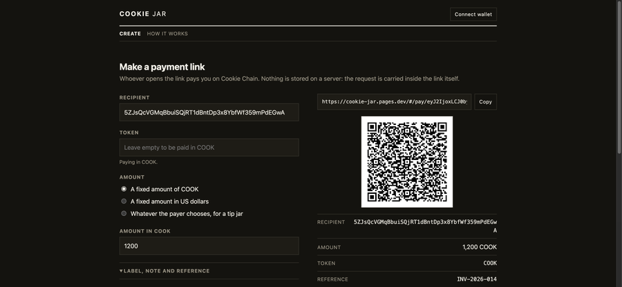 A dark-themed webpage for 'COOKIE JAR' displaying a 'Make a payment link' interface with options to set recipient, token (COOK), and amount (1200), alongside a generated URL, a QR code, and summary details showing a 1,200 COOK transfer with reference INV-2026-014.