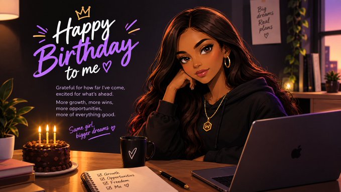 A digital birthday greeting reads 'Happy Birthday to me' alongside a stylized illustration of a woman at a desk with a birthday cake, candles, a laptop, and a mug.