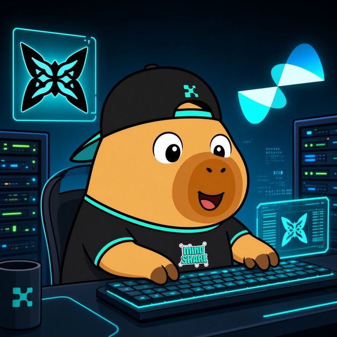 A cartoon capybara mascot wearing a black cap and shirt with 'MINT SHARE' text, sitting at a glowing keyboard with butterfly logos and server racks in the background.