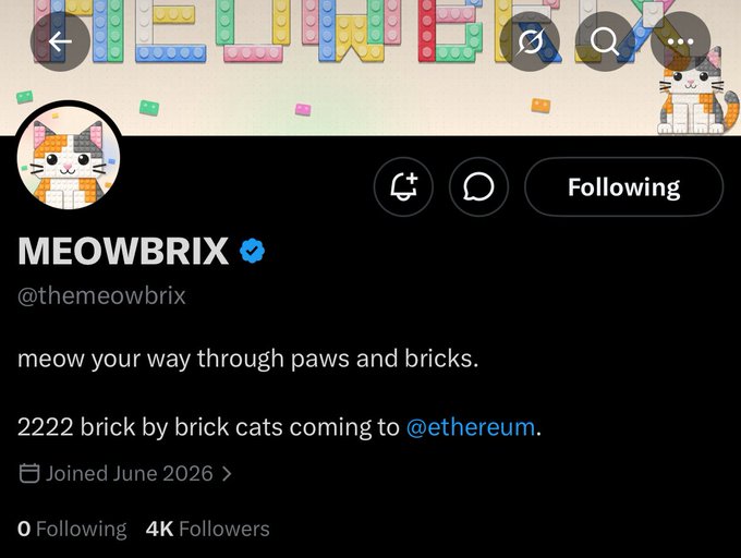 A screenshot of the @themeowbrix Twitter profile featuring a cat built from LEGO-style bricks, displaying a verified badge, 4K followers, and the bio "meow your way through paws and bricks," which aligns with the post's mention of an early alpha NFT project with 2,222 supply on Ethereum.