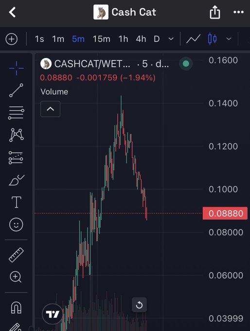 A TradingView chart of $CASHCAT/WET shows the token's price down 1.94% to 0.08880 on a 5-minute timeframe, with the overall trend depicting a sharp rise to roughly 0.14 followed by a steep decline back down—visually supporting the post's claim of a ~40% drop tied to sell-side liquidity pools and bundle cash-outs being exposed.