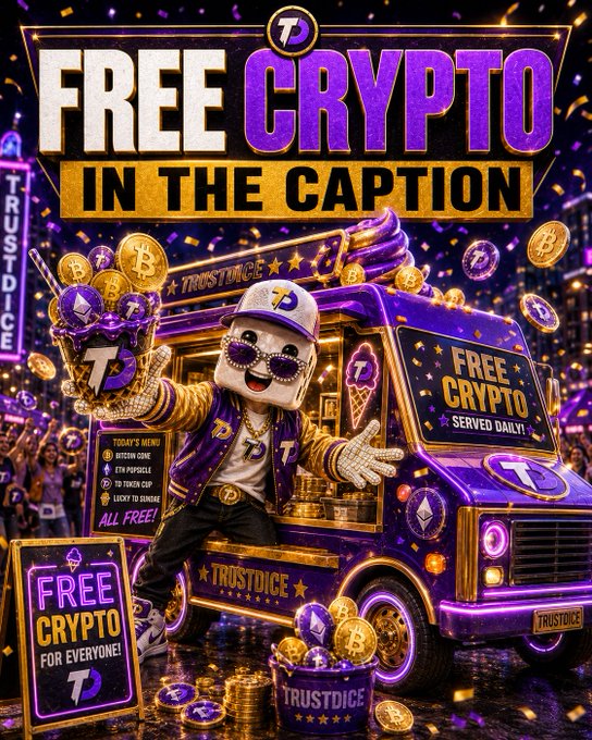 A purple and gold "Free Crypto" promotional graphic features a cartoon character named Dave in a varsity jacket and sunglasses next to a neon-lit ice cream truck branded with "TrustDice," holding a trophy of crypto coins, with text promising "Free Crypto Served Daily" and directing viewers to claim via a link in the caption. The vibrant, celebratory design reinforces the post's message that the crypto "ice cream truck" has arrived with free giveaways for early claimers.