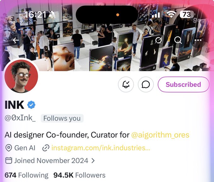 The image shows a social media post from an Instagram account, which has been tagged with the name "Ink" by the creator. The post features a photo of a group of people gathered around a painting at an art gallery or museum. The post also includes a link to a video that was posted on January 1st, 2023. The caption of the image reads: "subscribed to @0xInk_ and now i have access to all his prompt and hints too video creation time to cook haha".