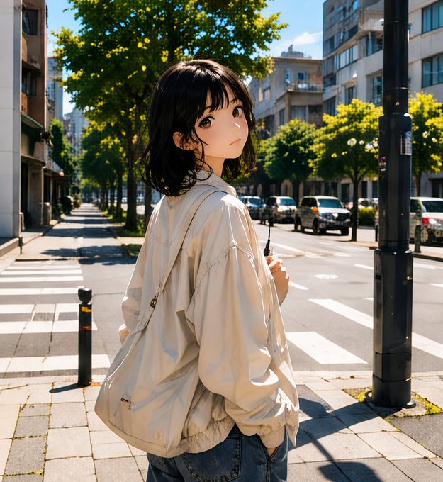 An anime-style illustration of a young woman with dark hair standing on a city sidewalk, looking back over her shoulder with a bag slung over her jacket.