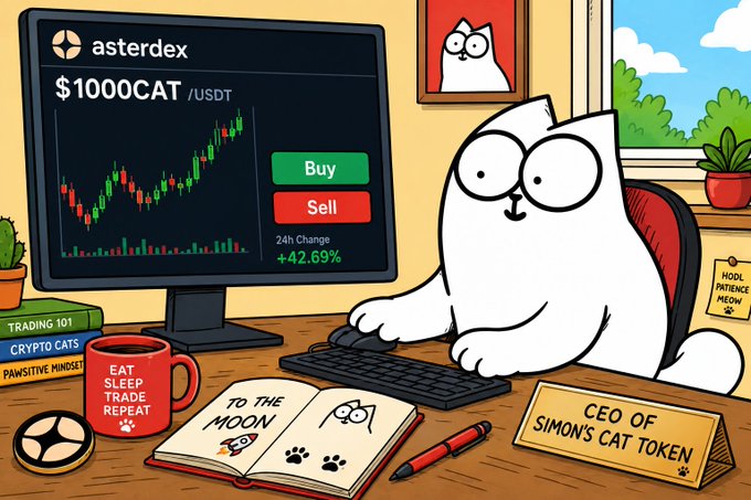 A cartoon cat trades $1000CAT/USDT on the Asterdex platform, with a "CEO of Simon's Cat Token" nameplate, book titled "To The Moon," and a mug reading "Eat Sleep Trade Repeat," tying directly into the announcement of Simon's Cat Token ($CAT) launching on Aster Dex.