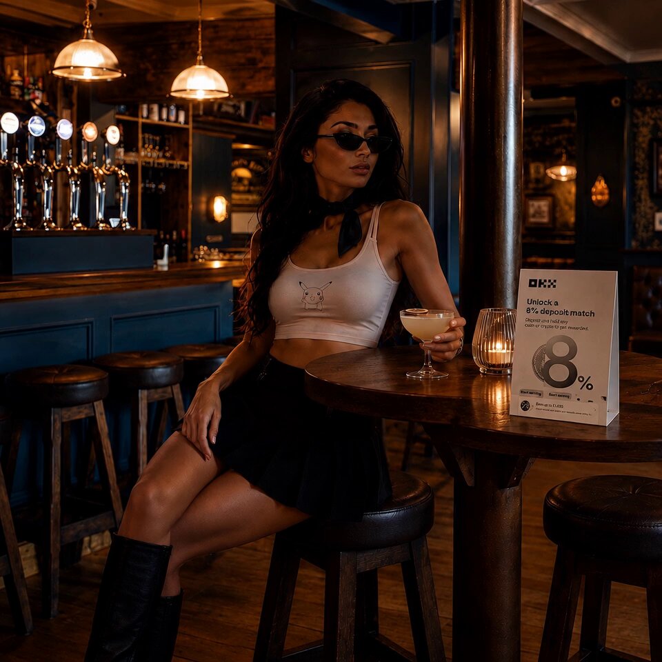 The image features a woman sitting at a bar with her legs crossed while holding a drink. She appears comfortable and relaxed as she enjoys her time. The background of the image shows several stools, indicating that this is likely an establishment where patrons can sit and socialize. There are also multiple bottles on display behind the bar, suggesting that it's a popular spot for customers to gather and enjoy their beverages.